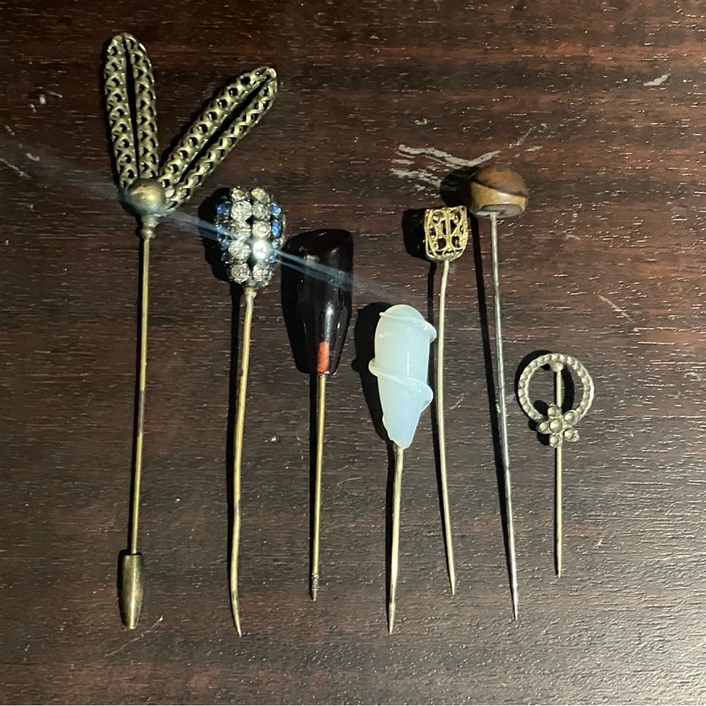 Vintage & Antique Hat & Jabot Pins No Bottoms Bakelite Opaline Glass Rhinestones